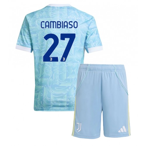 Otroški Nogometni dresi Juventus Andrea Cambiaso #27 Gostujoči 2025-26 Kratek Rokav (+ Kratke hlače)